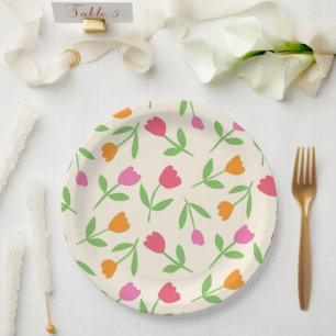 Assiettes En Carton Motif de fleurs de tulipes rétro en orange, rose e
