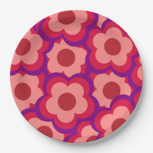Assiettes En Carton Motif de fleurs hippie rétro couleur gras