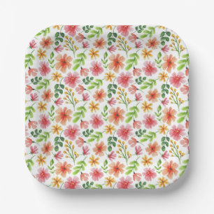 Assiettes En Carton Motif de fleurs roses à l'aquarelle