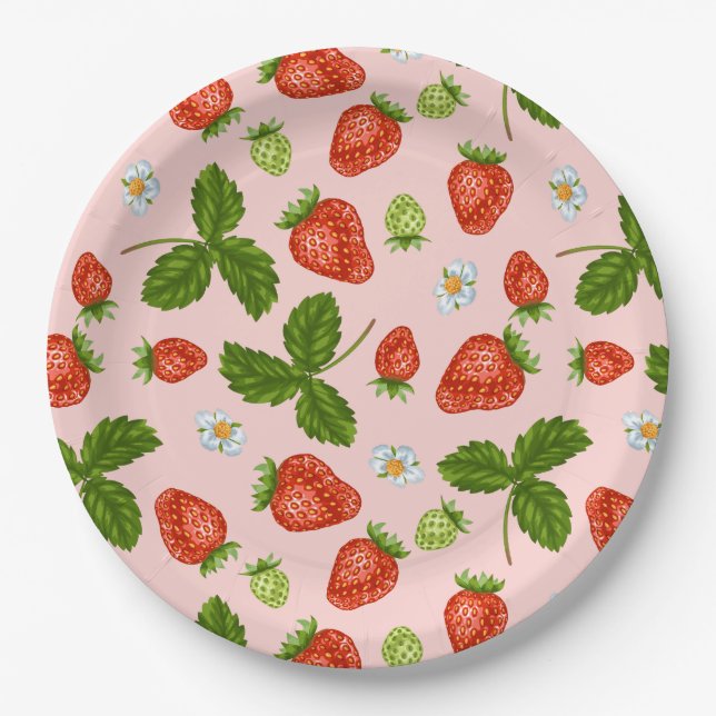 Assiettes En Carton Motif de fraises Arrière - plan rose (Devant)