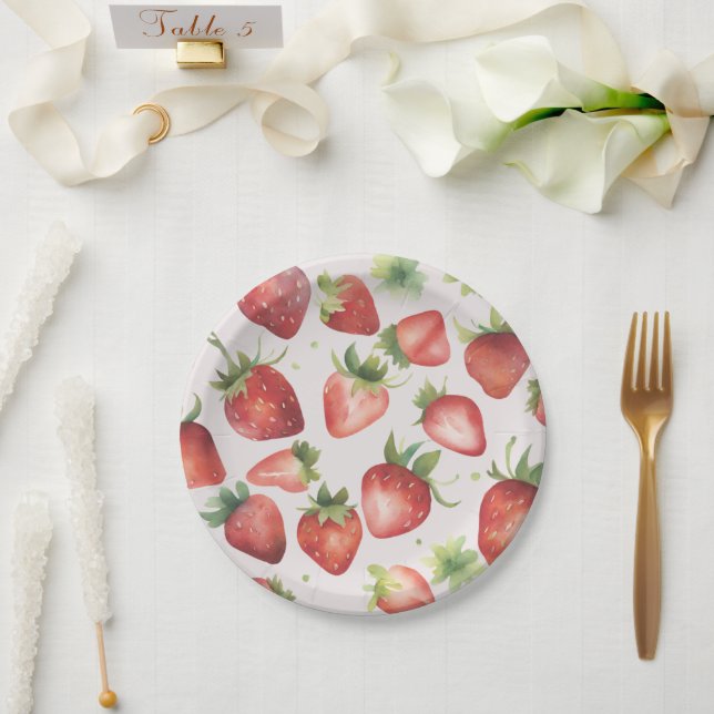 Assiettes En Carton Motif de fraises d'aquarelle (Mariage)