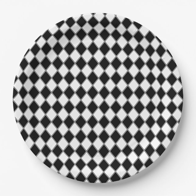 Assiettes En Carton Motif de Jacquard Diamant noir et blanc (Devant)