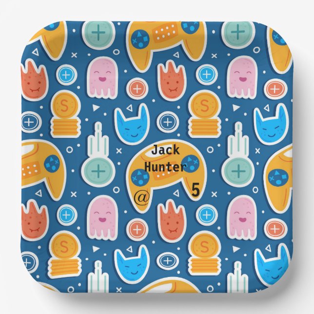 Assiettes En Carton Motif de jeu vidéo bleu Personnalisé Anniversaire (Recto)