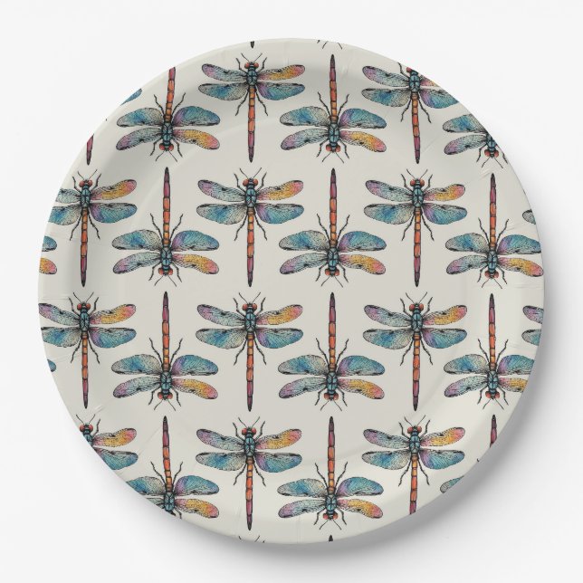 Assiettes En Carton Motif de libellule coloré (Devant)