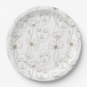 Assiettes En Carton Motif de ligne de visage floral vintage noir et bl
