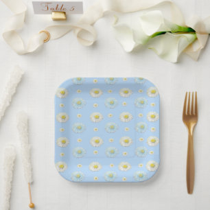 Assiettes En Carton Motif de marguerite blanche sur fond bleu clair