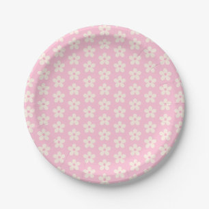 Assiettes En Carton Motif de marguerite blanche sur minimaliste rose p
