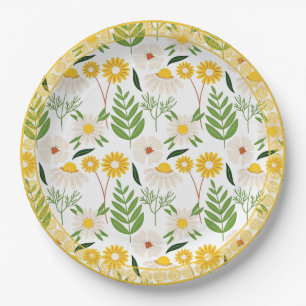 Assiettes En Carton Motif de marguerite, Golden Trim,