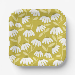 Assiettes En Carton Motif de marguerites florales vert olive et moutar