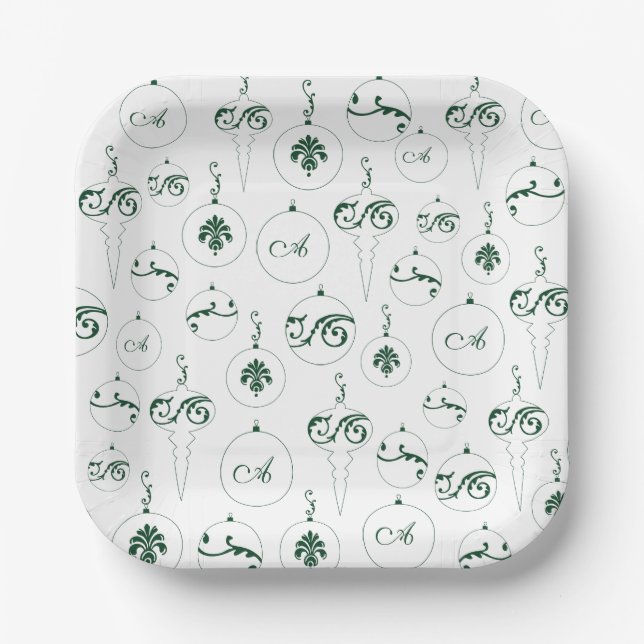 Assiettes En Carton Motif de Monogramme vert Bauble Noël Carré (Recto)