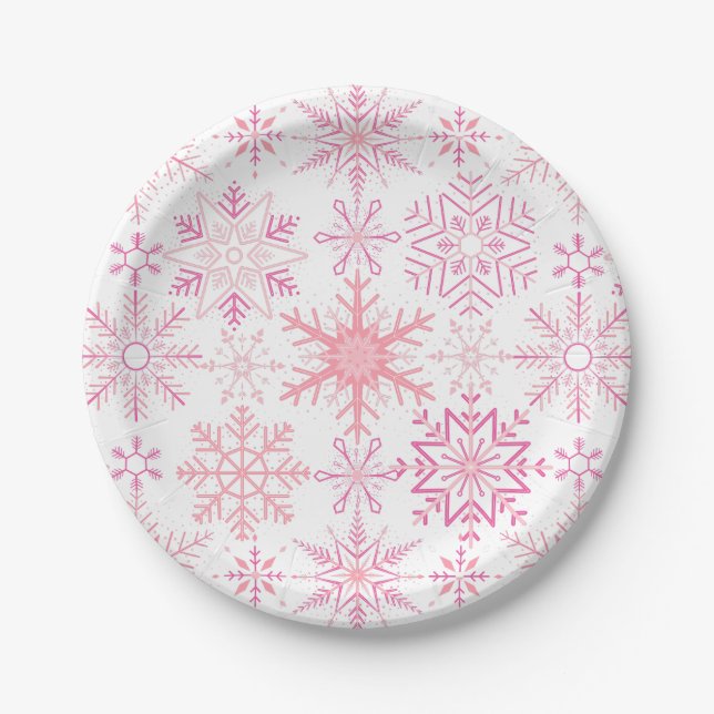Assiettes En Carton Motif de neige rose (Devant)