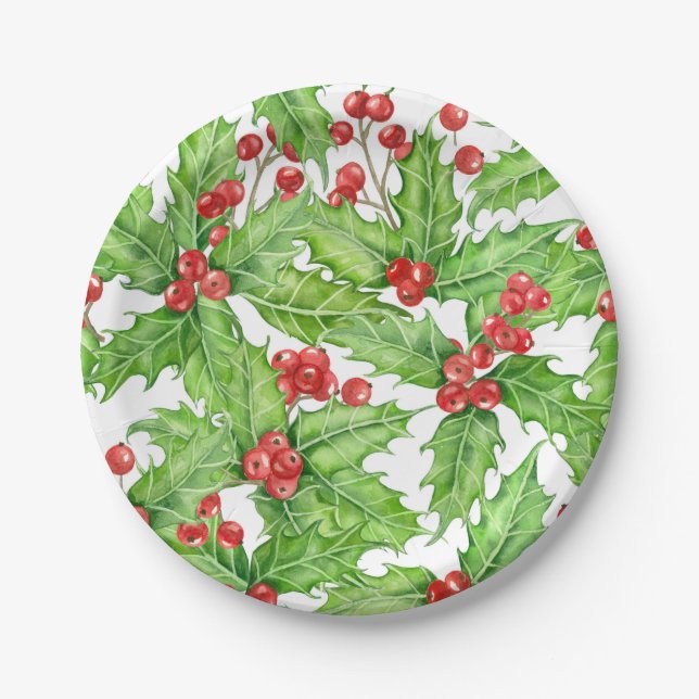 Assiettes En Carton Motif de Noël à l'aquarelle de baie blanche (Devant)