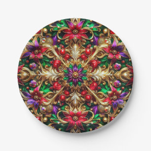 Assiettes En Carton MOTIF DE NOËL ~ Floral ~ Rouge Vert Or ~