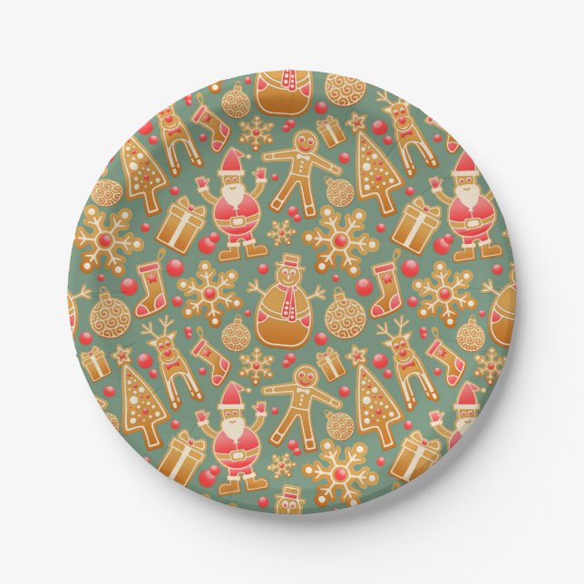 Assiettes En Carton Motif de Noël (Père Noël et pain d'épices) (Devant)