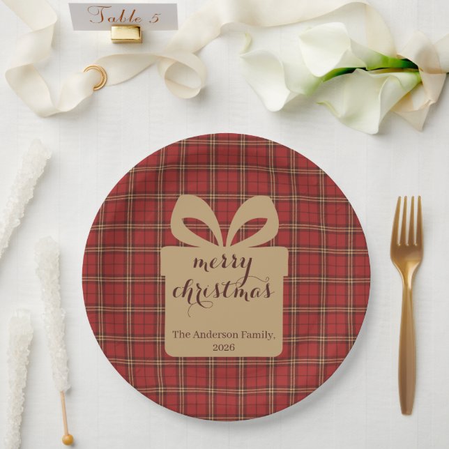 Assiettes En Carton Motif de Noël Rouge Plaid - (Mariage)