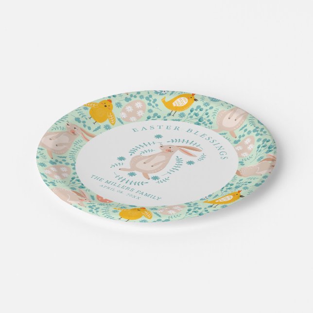 Assiettes En Carton Motif de Pâques avec oeufs, lapin, poussin, fleurs (Angle)