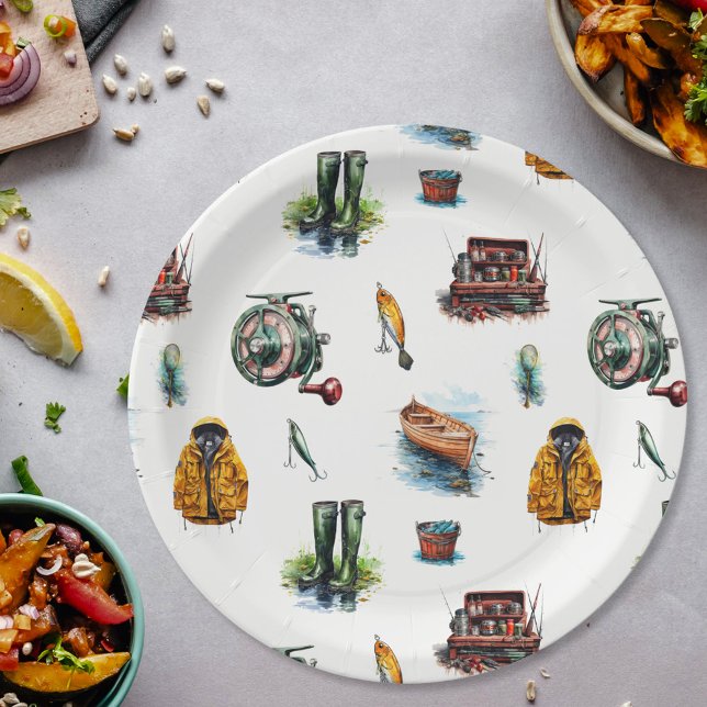 Assiettes En Carton Motif de pêche à l'aquarelle masculine (Créateur téléchargé)