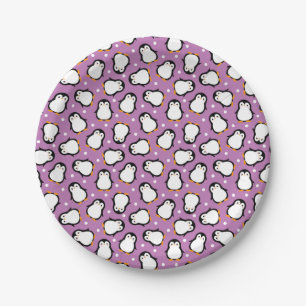 Assiettes En Carton Motif de pingouin mignon Motif violet