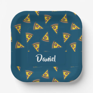 Assiettes En Carton Motif de pizza sur fond bleu