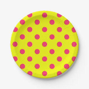 Assiettes En Carton Motif de pois roses sur fond jaune 