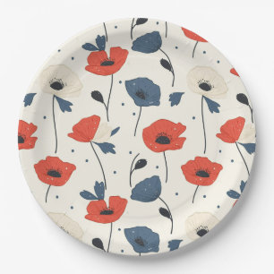 Assiettes En Carton Motif de Poppies d'aquarelle - Rouge, Bleu et Blan