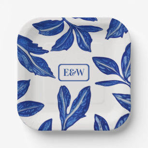 Assiettes En Carton Motif de poterie Feuille Bleue avec initiales appa