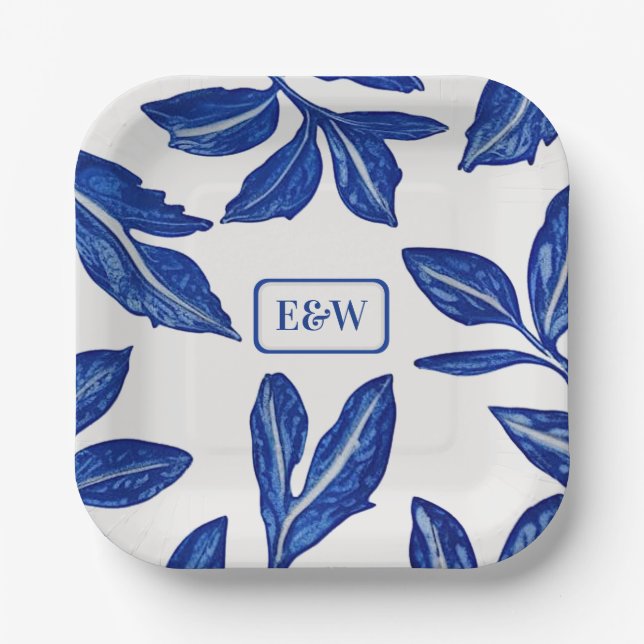 Assiettes En Carton Motif de poterie Feuille Bleue avec initiales appa (Recto)