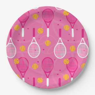 Assiettes En Carton Motif de raquette de tennis rose et blanc