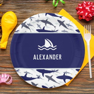 Assiettes En Carton Motif de requin bleu avec nom garçon fête d'annive