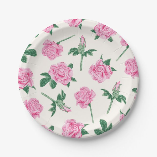 Assiettes En Carton Motif de rose peint en rose et vert (Devant)