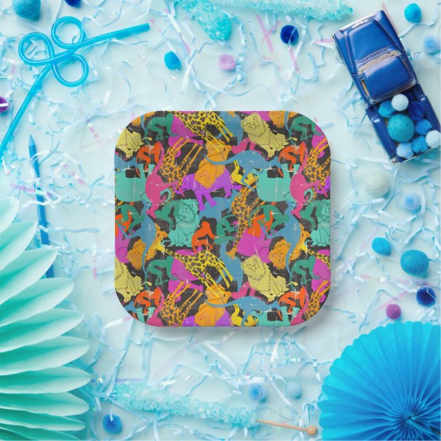 Assiettes En Carton Motif de silhouettes animales rétro (Fête)