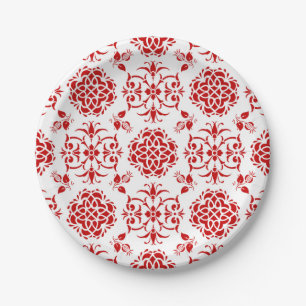 Assiettes En Carton Motif de style damassé floral rouge et blanc
