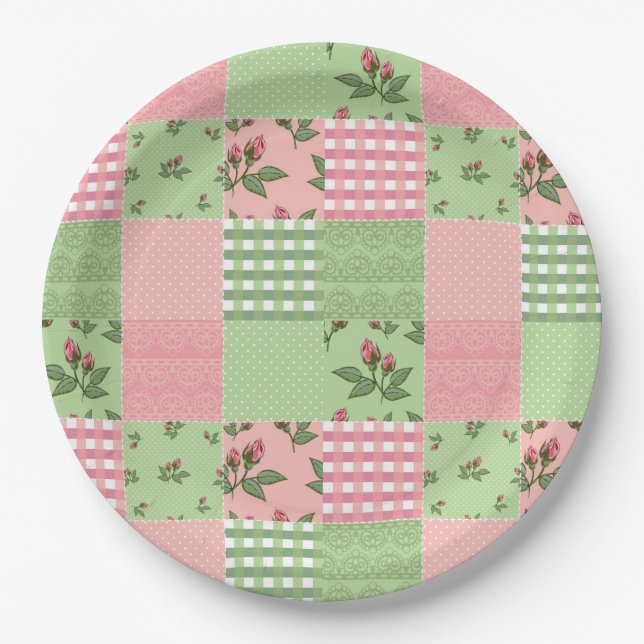 Assiettes En Carton Motif de surfaces composées rose et vert (Devant)