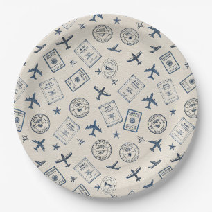 Assiettes En Carton Motif de timbre de passeport d'aviation vintage (2