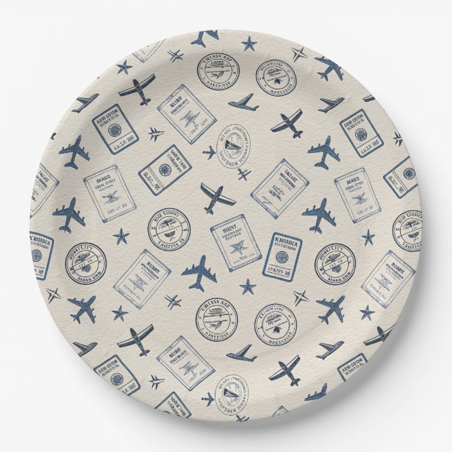 Assiettes En Carton Motif de timbre de passeport d'aviation vintage (2 (Devant)
