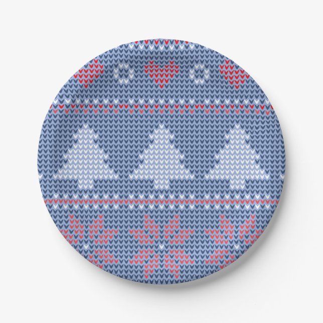 Assiettes En Carton Motif de tricot de Noël Bleu (Devant)