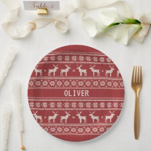 Assiettes En Carton Motif de tricot de renne nordique personnalisé