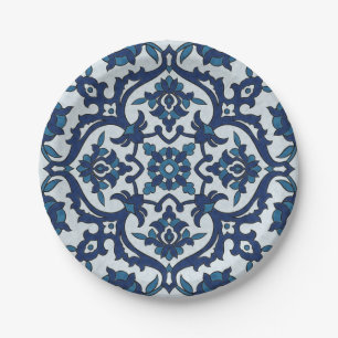 Assiettes En Carton Motif de tuiles florales Azulejos bleu-portugais