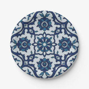 Assiettes En Carton Motif de tuiles florales Azulejos bleu-portugais