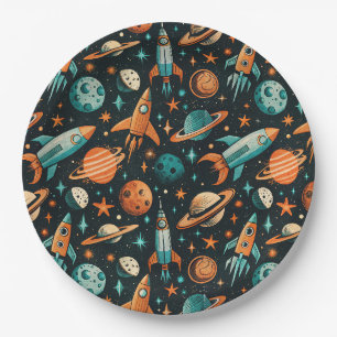 Assiettes En Carton Motif de Vaisseaux Spatiaux Rétro - Cosmos(2)