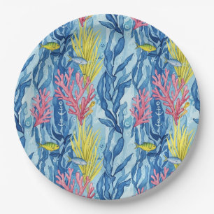 Assiettes En Carton Motif de vie marine côtière coloré (1)