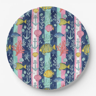 Assiettes En Carton Motif de vie marine côtière coloré (2)
