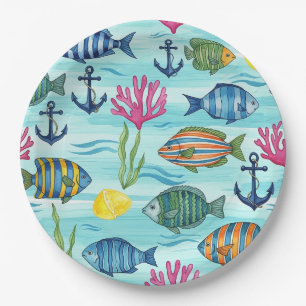 Assiettes En Carton Motif de vie marine côtière coloré (3)