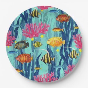 Assiettes En Carton Motif de vie marine côtière coloré (4)