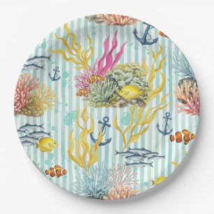 Assiettes En Carton Motif de vie marine côtière coloré (8)