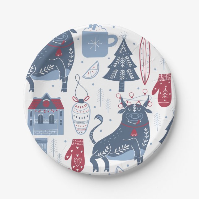 Assiettes En Carton Motif d'éléments de Noël gris bleu (Devant)