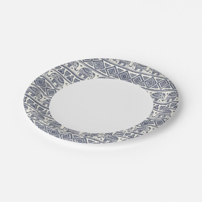 Assiettes En Carton Motif d'éléphant ethnique bleu (Angle)