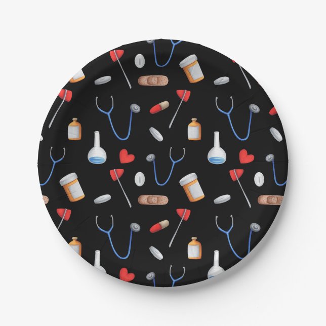 Assiettes En Carton Motif d'équipement Médicale de l'infirmière hospit (Devant)