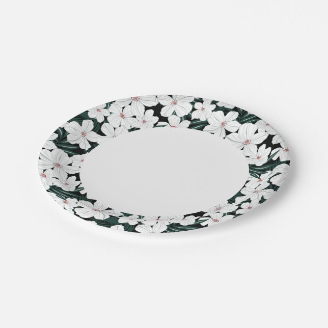 Assiettes En Carton Motif des fleurs tropicales blanches (Angle)