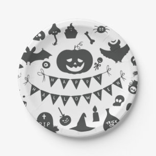 Assiettes En Carton Motif des icônes noir et blanc d'Halloween